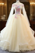 Light Champagne Off Shoulder Tulle With Flowers Formal Gown, Long Sweet 16 Dresses