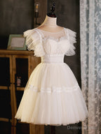 Light Champagne Round Neck Tulle Lace Short Prom Dress, Puffy Homecoming Dresses