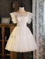 Light Champagne Round Neck Tulle Lace Short Prom Dress, Puffy Homecoming Dresses