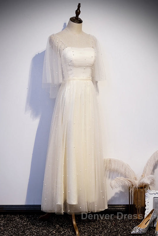 Light Champagne Short Sleeves Long Wedding Prom Dress, Cute Prom Dresses