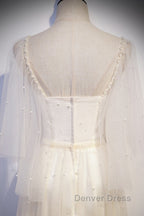 Light Champagne Short Sleeves Long Wedding Party Dresses, Cute Prom Dresses