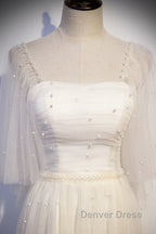 Light Champagne Short Sleeves Long Wedding Party Dresses, Cute Prom Dresses