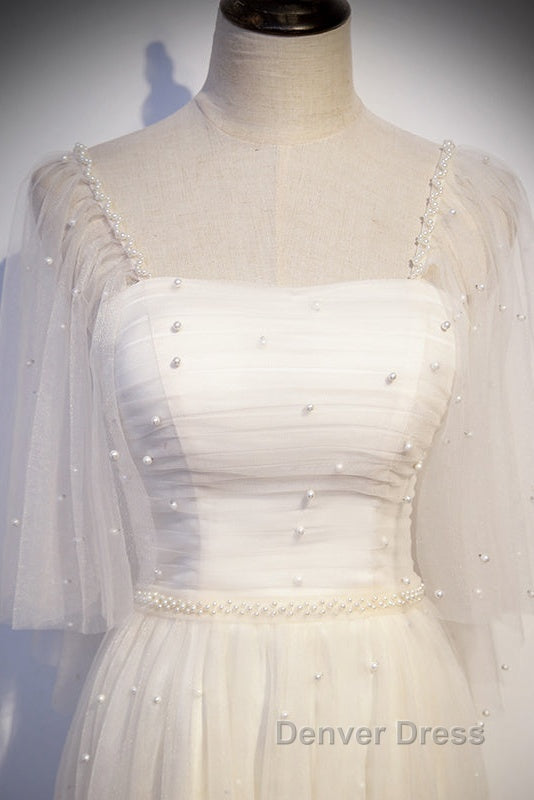 Light Champagne Short Sleeves Long Wedding Party Dresses, Cute Prom Dresses