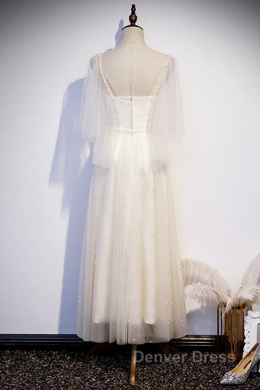 Light Champagne Short Sleeves Long Wedding Party Dresses, Cute Prom Dresses