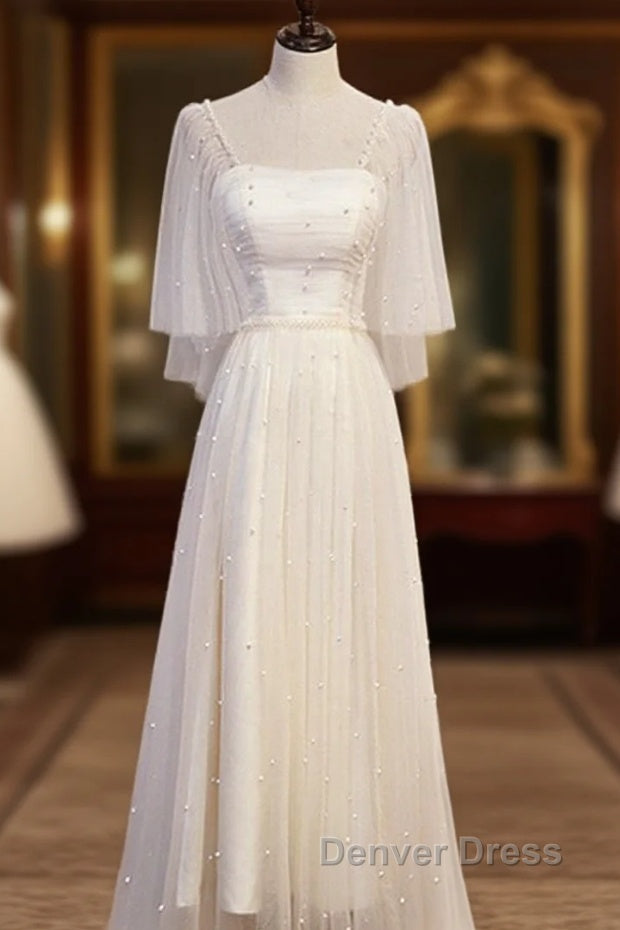 Light Champagne Short Sleeves Long Wedding Prom Dress, Cute Prom Dresses Main image