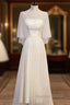 Light Champagne Short Sleeves Long Wedding Prom Dress, Cute Prom Dresses