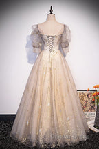 Light Champagne Short Sleeves Tulle Long Prom Dress, A Line Floor Length Prom Dresses