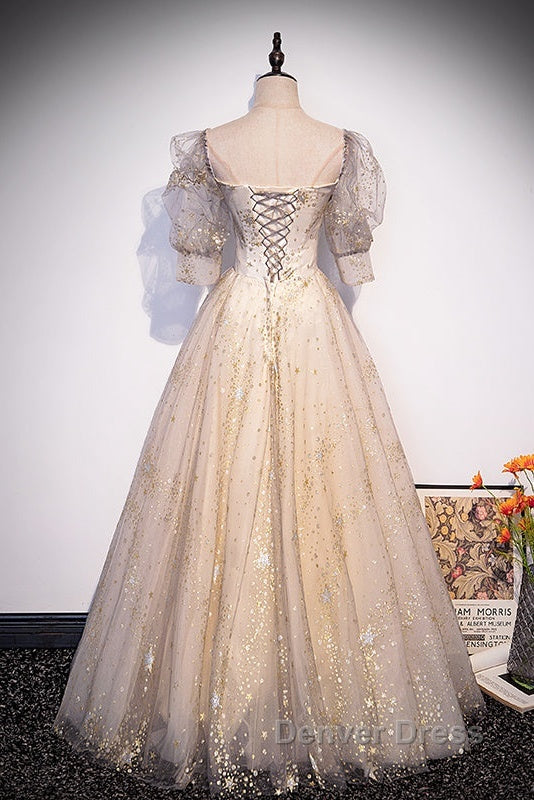 Light Champagne Short Sleeves Tulle Long Prom Dress, A Line Floor Length Prom Dresses