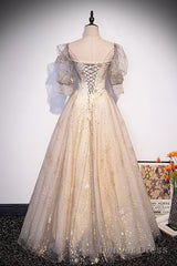 Light Champagne Short Sleeves Tulle Long Formal Dress, A-Line Floor Length Party Dresses