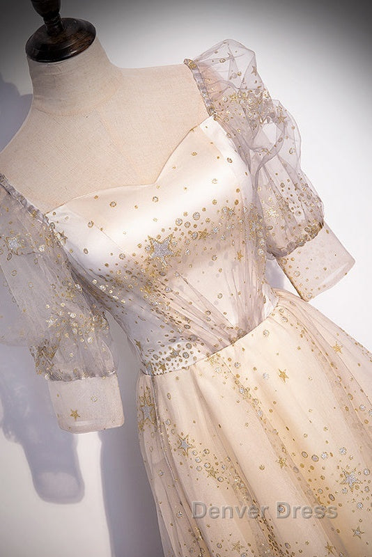 Light Champagne Short Sleeves Tulle Long Formal Dresses, A-Line Floor Length Party Dresses