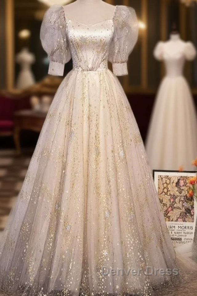 Light Champagne Short Sleeves Tulle Long Prom Dress, A Line Floor Length Prom Dresses