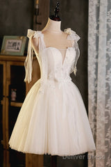 Light Champagne Spaghetti Strap Short Prom Dress, Cute A-Line Tulle Evening Party Dress