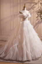 Light Champagne Spaghetti Strap Tulle Long Prom Dresses, Beautiful A-Line Formal Evening Dresses