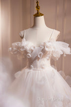 Light Champagne Spaghetti Strap Tulle Long Prom Dresses, Beautiful A-Line Formal Evening Dresses