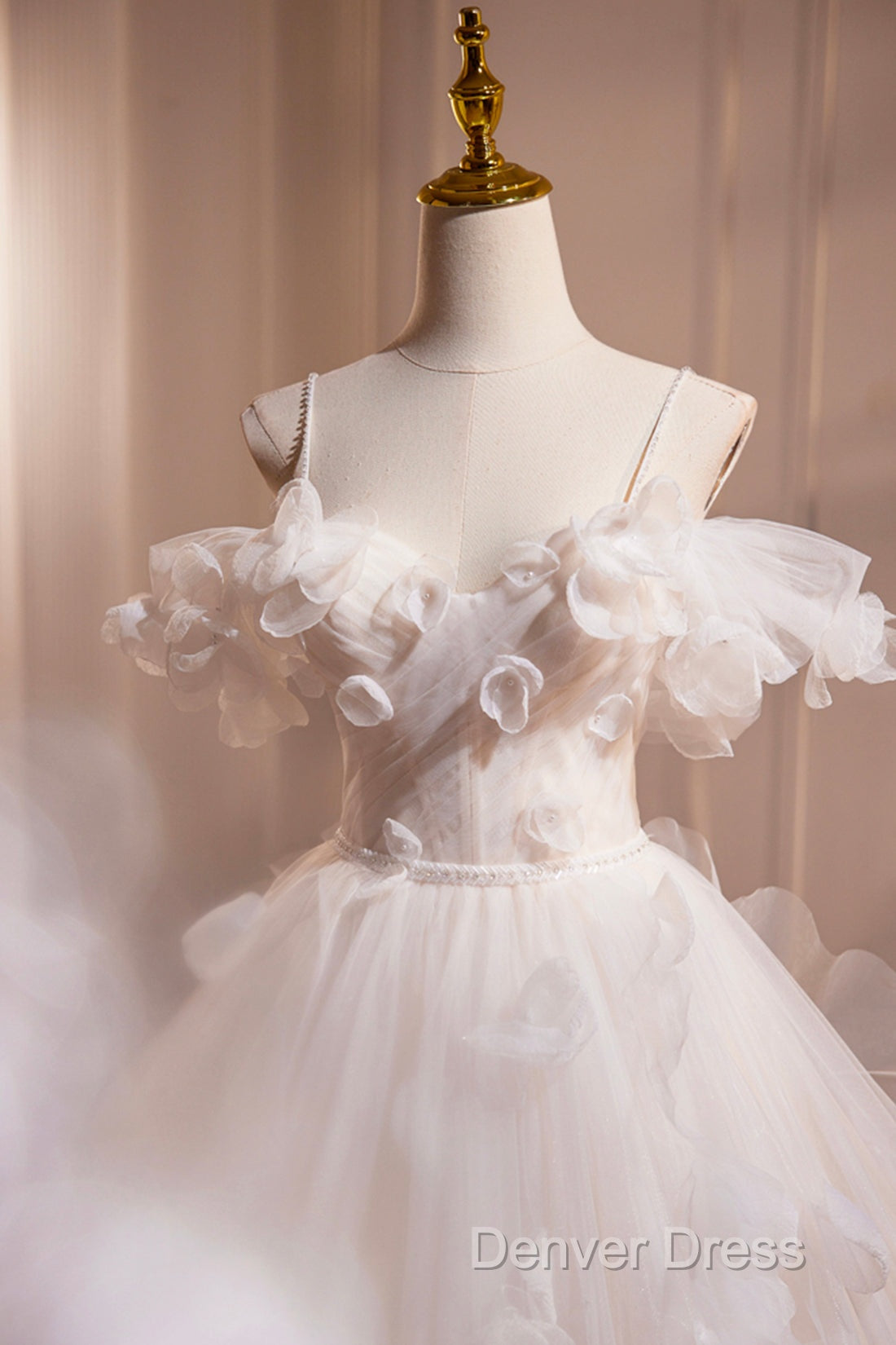 Light Champagne Spaghetti Strap Tulle Long Prom Dresses, Beautiful A-Line Formal Evening Dresses