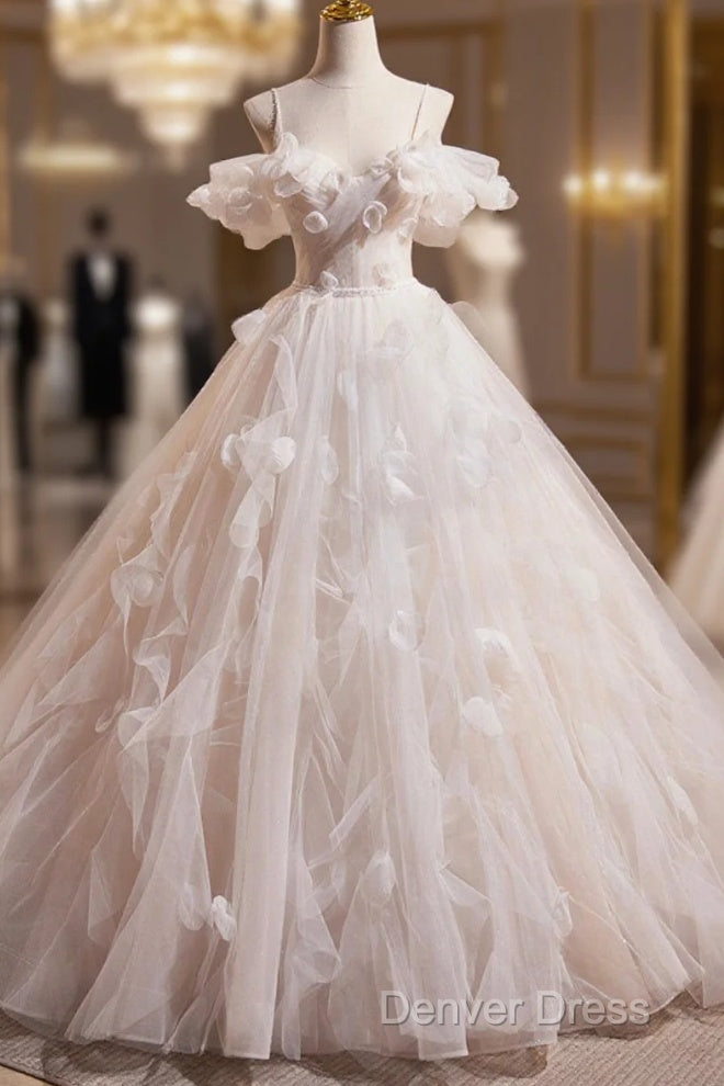 Light Champagne Spaghetti Strap Tulle Long Prom Dresses, Beautiful A-Line Formal Evening Dresses