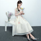 Light Champagne Tea Length Floral Lace Prom Dress Bridesmaid Dress, Cute Short Prom Dresses