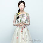 Light Champagne Tea Length Floral Lace Prom Dress Bridesmaid Dress, Cute Short Prom Dresses