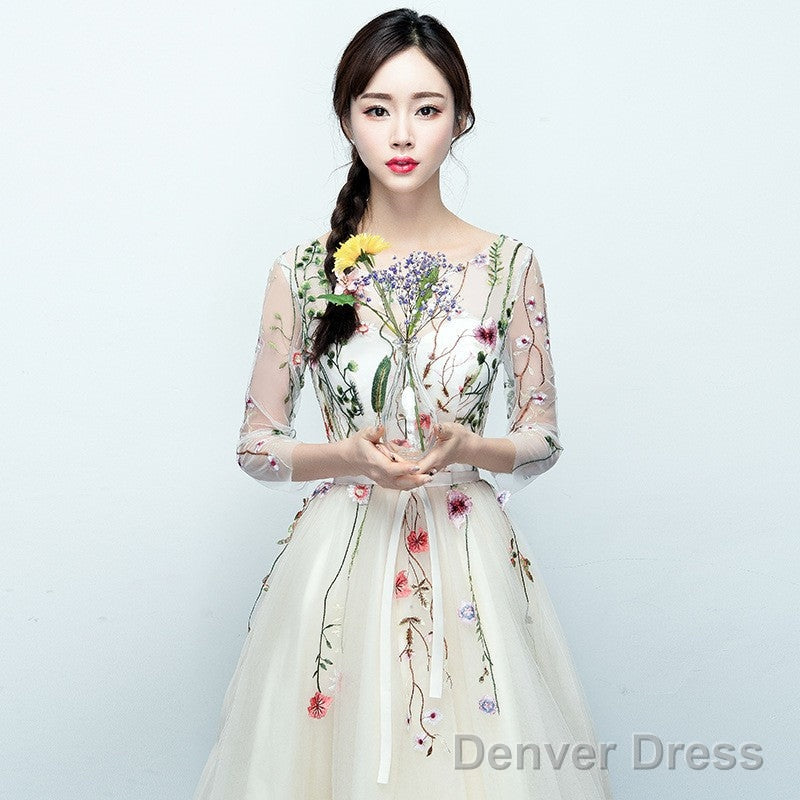 Light Champagne Tea Length Floral Lace Prom Dress Bridesmaid Dress, Cute Short Prom Dresses