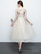 Light Champagne Tea Length Floral Lace Prom Dress Bridesmaid Dress, Cute Short Prom Dresses