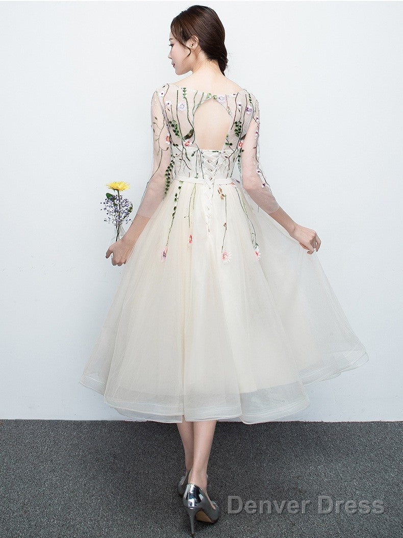 Light Champagne Tea Length Floral Lace Prom Dress Bridesmaid Dress, Cute Short Prom Dresses