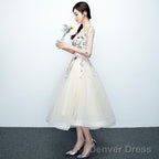 Light Champagne Tea Length Floral Lace Prom Dress Bridesmaid Dress, Cute Short Prom Dresses