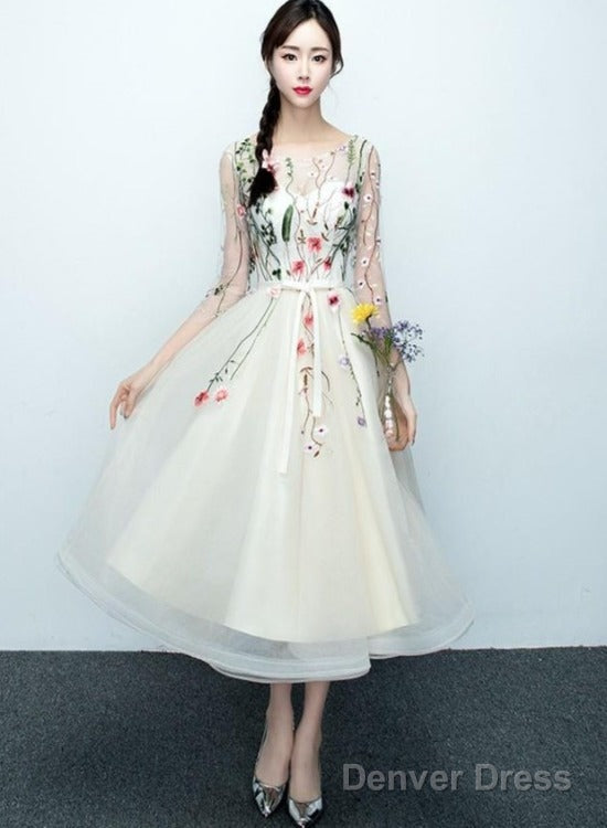 Light Champagne Tea Length Floral Lace Prom Dress Bridesmaid Dress, Cute Short Prom Dresses Main image