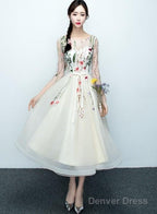 Light Champagne Tea Length Floral Lace Prom Dress Bridesmaid Dress, Cute Short Prom Dresses