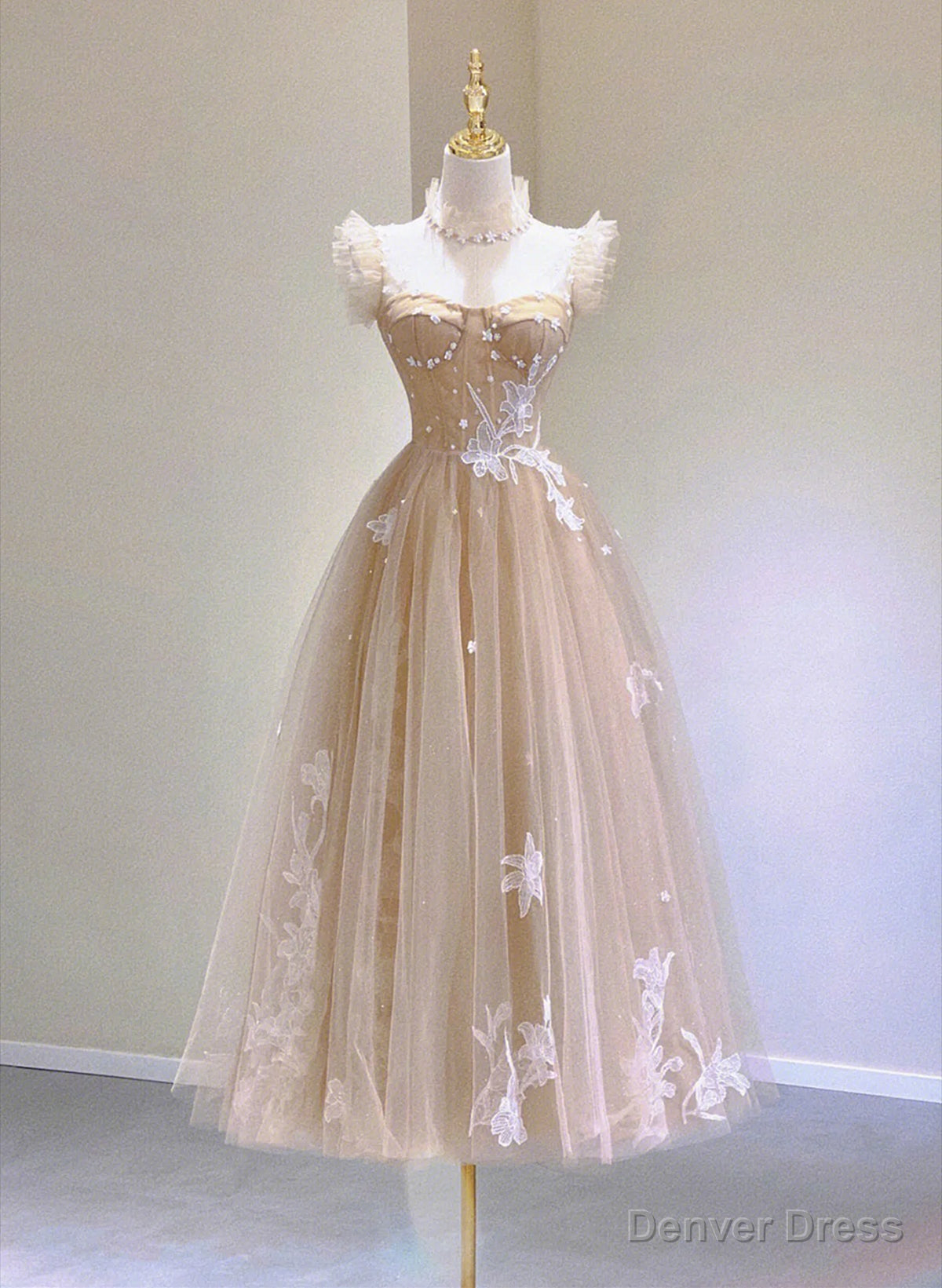 Light Champagne Tea Length Tulle Prom Dress, Champagne Lace Homecoming Dresses Main image