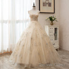 Light Champagne Tulle Ball Gowns Straps Sweet 16 Gowns, Ball Gowns Long Prom Dresses