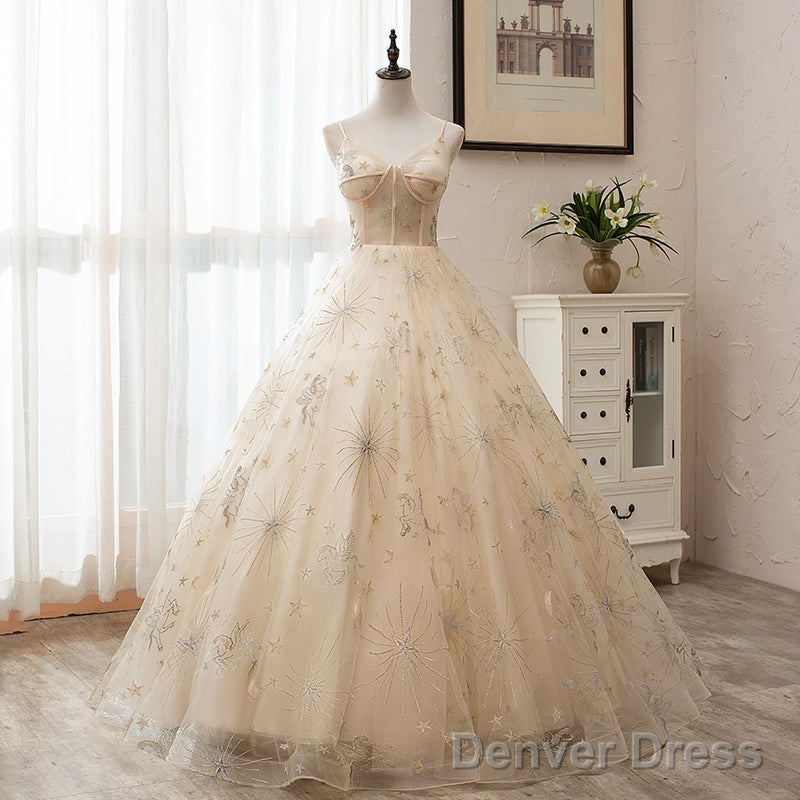 Light Champagne Tulle Ball Gowns Straps Sweet 16 Gowns, Ball Gowns Long Prom Dresses