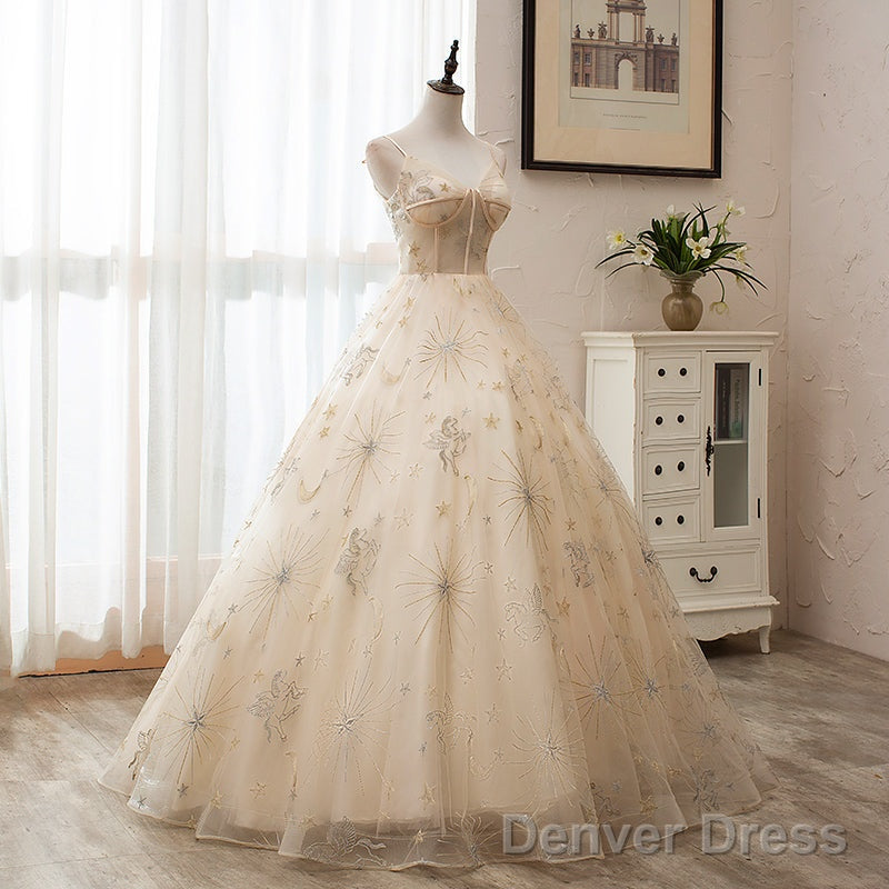 Light Champagne Tulle Ball Gowns Straps Sweet 16 Gowns, Ball Gowns Long Prom Dresses