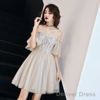 Light Champagne Tulle Beaded Sweetheart Homecoming Dress, Short Prom Dresses