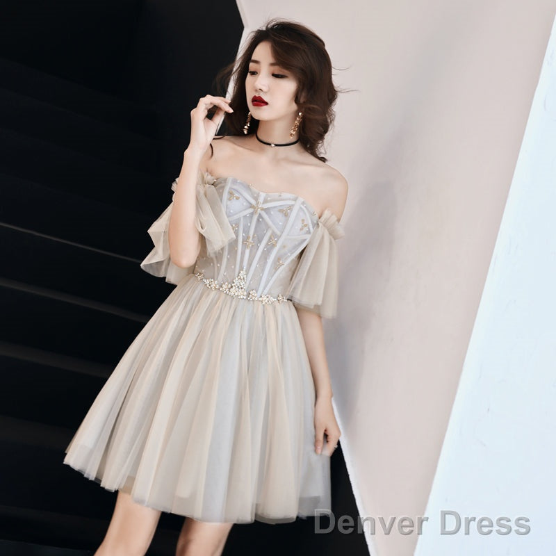 Light Champagne Tulle Beaded Sweetheart Homecoming Dress, Short Prom Dresses