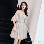 Light Champagne Tulle Beaded Sweetheart Homecoming Dress, Short Prom Dresses