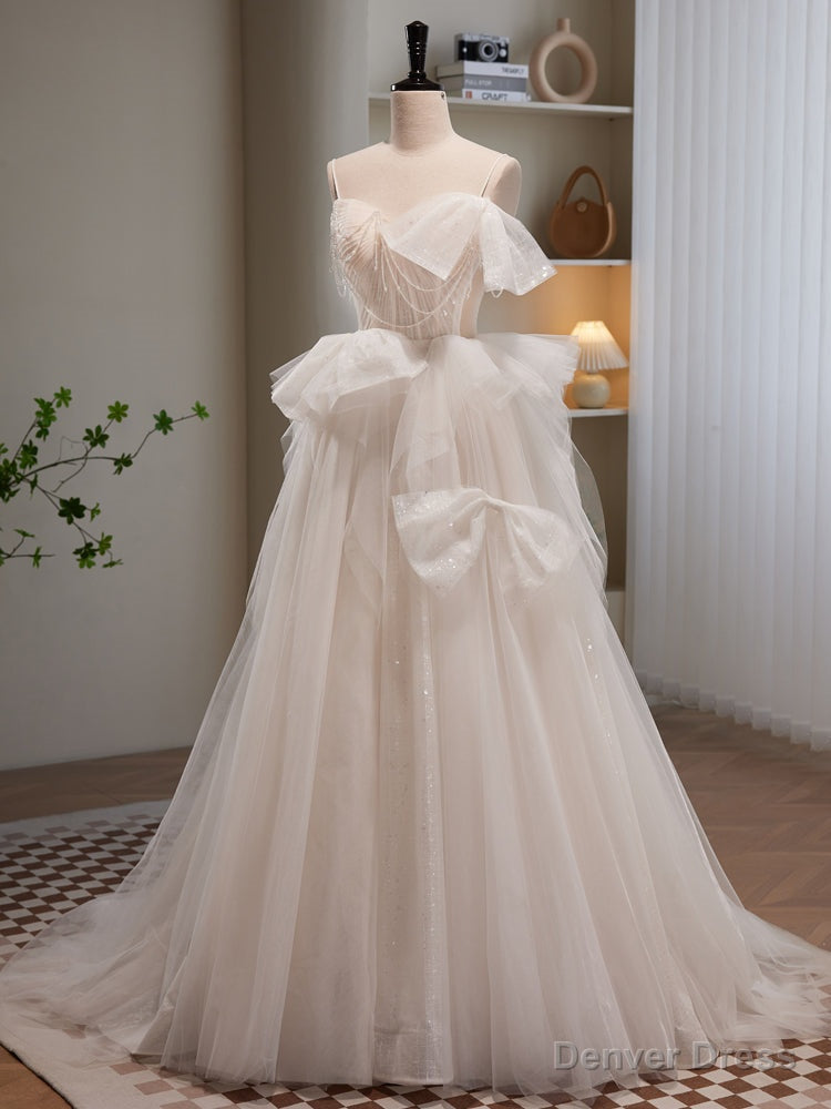 Light Champagne Tulle Beading Long Prom Dress, Light Champagne Prom Dresses