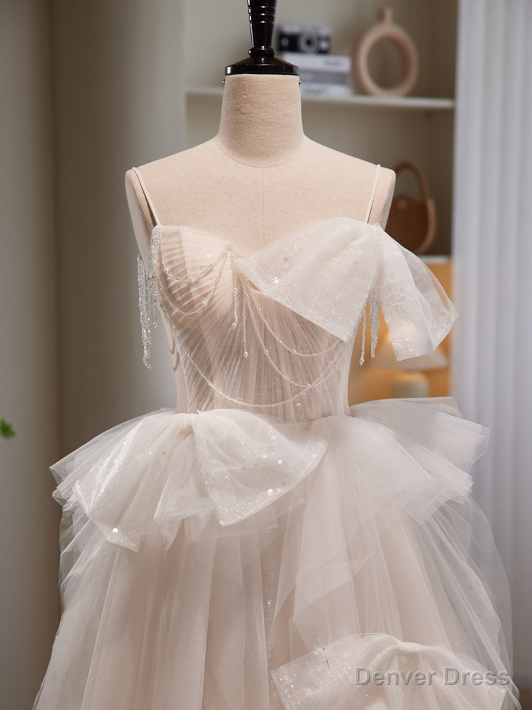 Light Champagne Tulle Beading Long Prom Dress, Light Champagne Prom Dresses