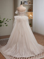 Light Champagne Tulle Beading Long Prom Dress, Light Champagne Prom Dresses