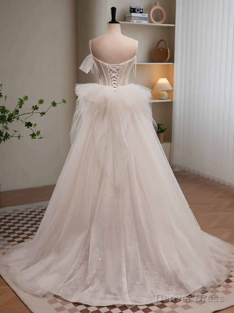 Light Champagne Tulle Beading Long Prom Dress, Light Champagne Prom Dresses