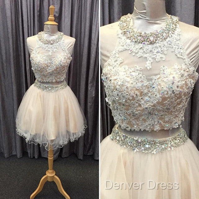 Light Champagne Tulle Lace Beading Homecoming Dresses Two Piece Style
