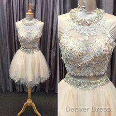 Light Champagne Tulle Lace Beading Homecoming Dresses Two Piece Style