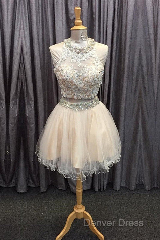 Light Champagne Tulle Lace Beading Homecoming Dresses Two Piece Style