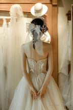 Light Champagne Tulle Lace Long Prom Dress, A Line Strapless Prom Dresses