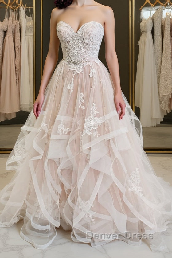 Light champagne tulle lace long prom Dress champagne Prom Dresses