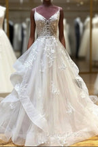 Light Champagne Tulle Lace Long Prom Dress Lace Long Wedding Dresses