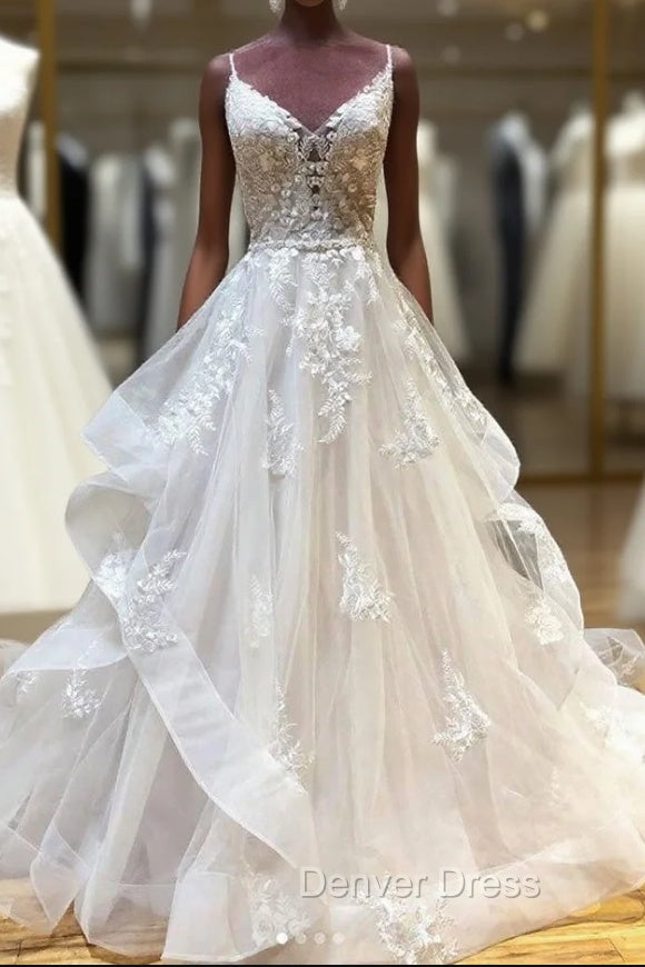Light Champagne Tulle Lace Long Prom Dress Lace Long Wedding Dresses