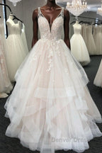 Light champagne tulle lace long prom Dress, tulle Prom Dresses