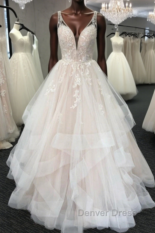 Light champagne tulle lace long prom Dress, tulle Prom Dresses