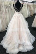 Light champagne tulle lace long prom Dress, tulle Prom Dresses