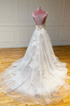 Light champagne tulle lace long prom Dresses tulle lace formal Dresses